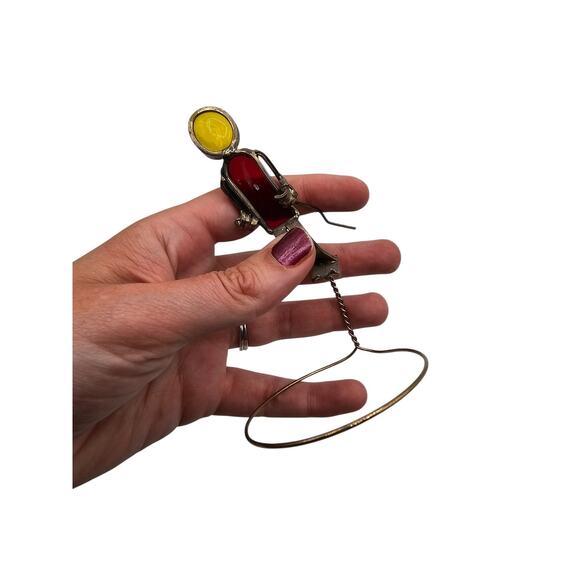 Vintage Handcrafted Welded Stained Glass Ski Skiing Man Mid Century Red Yellow - Picture 4 of 4